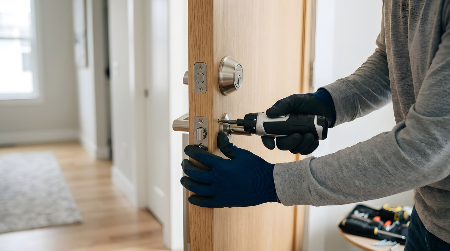 Artisan menuisier certifié expliquant les détails techniques d'une porte d'entrée nouvellement installée à un couple de propriétaires devant leur domicile