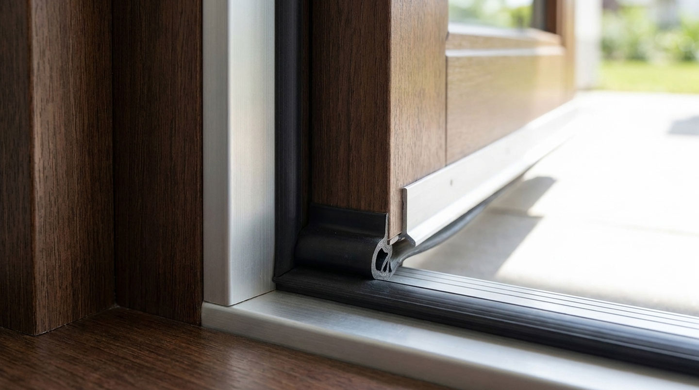 Gros plan technique sur l'assemblage d'étanchéité d'une porte d'entrée montrant joint EPDM comprimé, mastic silicone et bavette métallique entre dormant aluminium et seuil maçonné