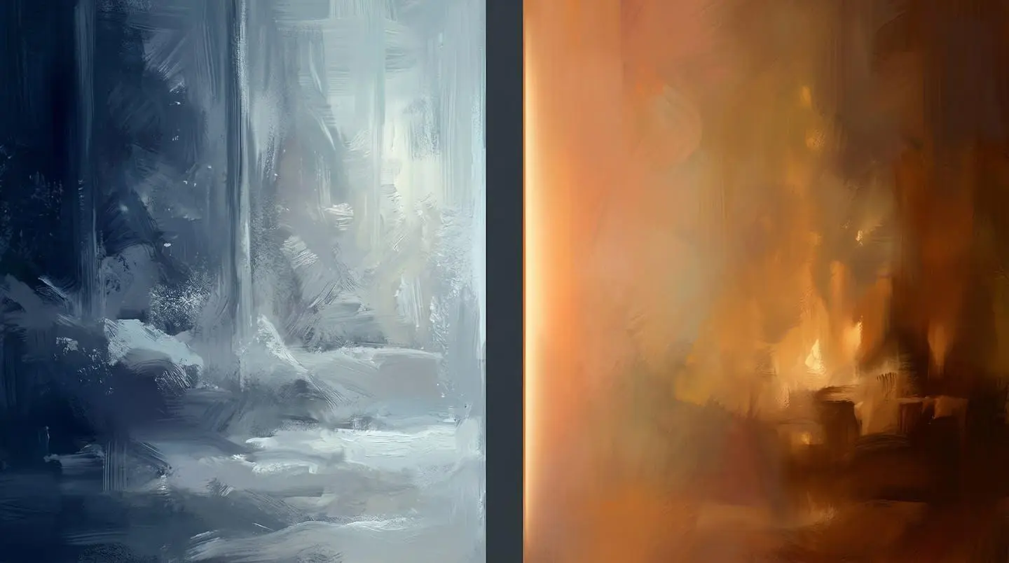 Composition abstraite en deux espaces : gradient froid bleu-gris à gauche (extérieur), gradient chaud orange-ocre à droite (intérieur), séparés par une bande verticale anthracite centrale avec halo lumineux