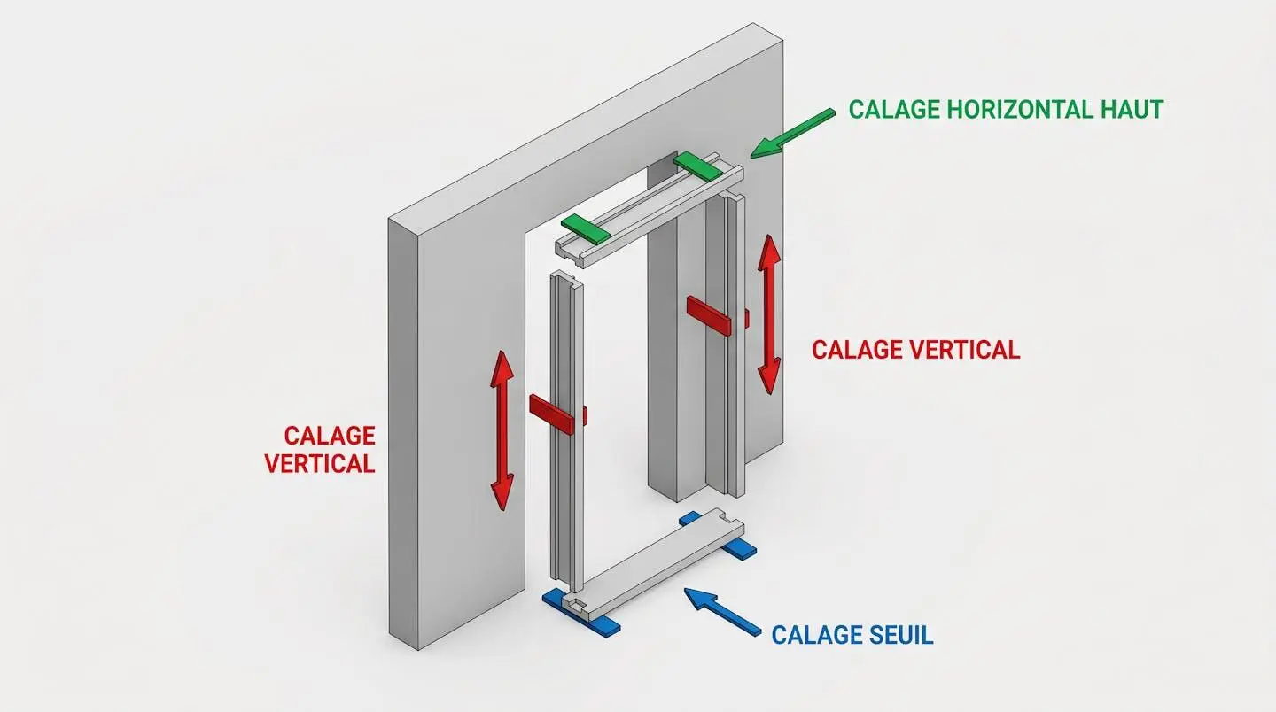Illustration isométrique d'un bloc-porte en vue éclatée montrant les cales de calage colorées (rouge, vert, bleu) positionnées sur les trois axes de réglage avec flèches directionnelles