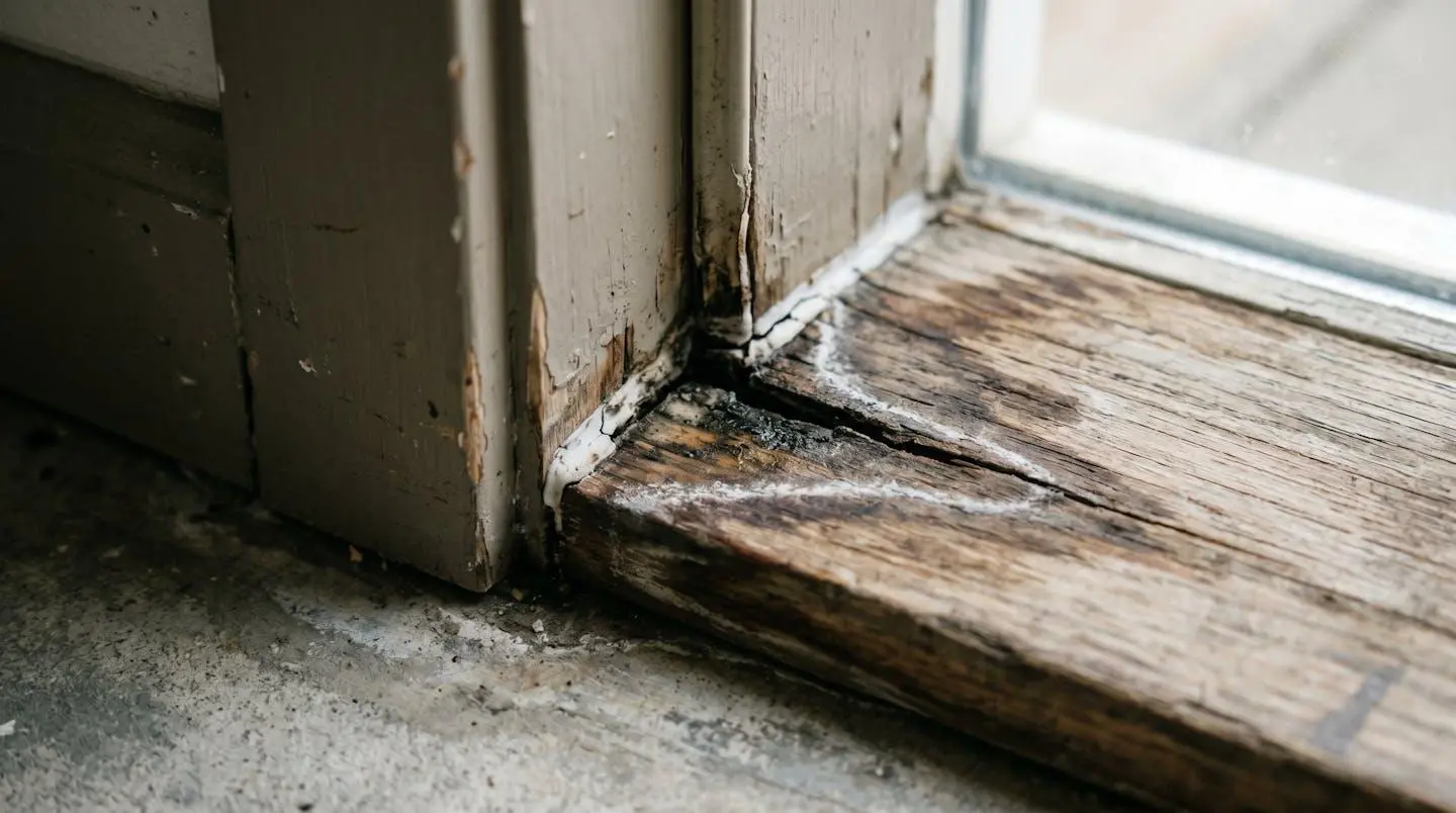 Gros plan macro d'un angle de seuil de porte montrant un joint silicone craquelé, des traces d'humidité et un léger dépôt calcaire blanchâtre, bois légèrement gondolé, lumière naturelle diffuse