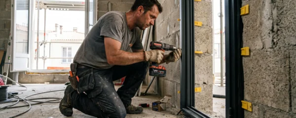 Menuisier professionnel fixant le dormant d'une porte d'entrée aluminium dans une ouverture maçonnée à l'aide d'une perceuse, avec joints EPDM et cales de réglage visibles