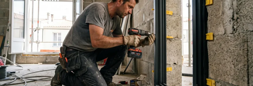 Menuisier professionnel fixant le dormant d'une porte d'entrée aluminium dans une ouverture maçonnée à l'aide d'une perceuse, avec joints EPDM et cales de réglage visibles