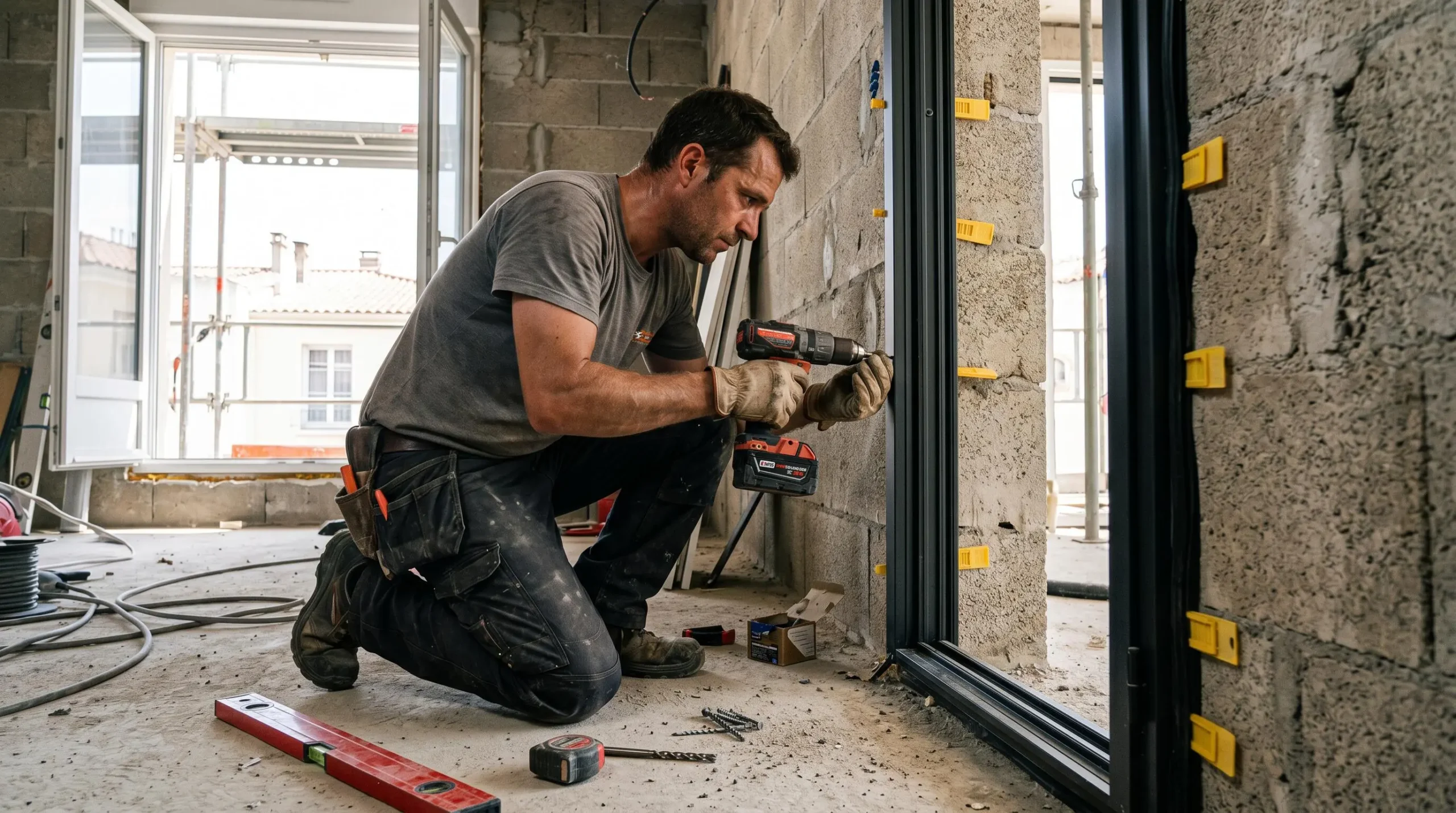 Menuisier professionnel fixant le dormant d'une porte d'entrée aluminium dans une ouverture maçonnée à l'aide d'une perceuse, avec joints EPDM et cales de réglage visibles