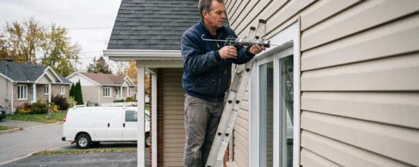 Calfeutreur professionnel appliquant du scellant autour d'une fenêtre sur l'extérieur d'une maison résidentielle québécoise