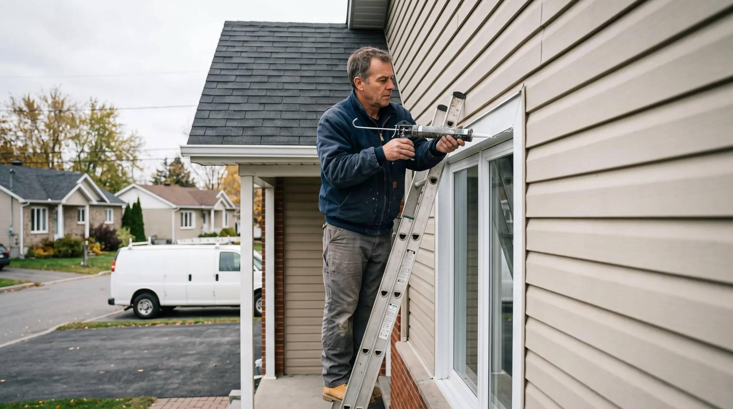 Calfeutreur professionnel appliquant du scellant autour d'une fenêtre sur l'extérieur d'une maison résidentielle québécoise