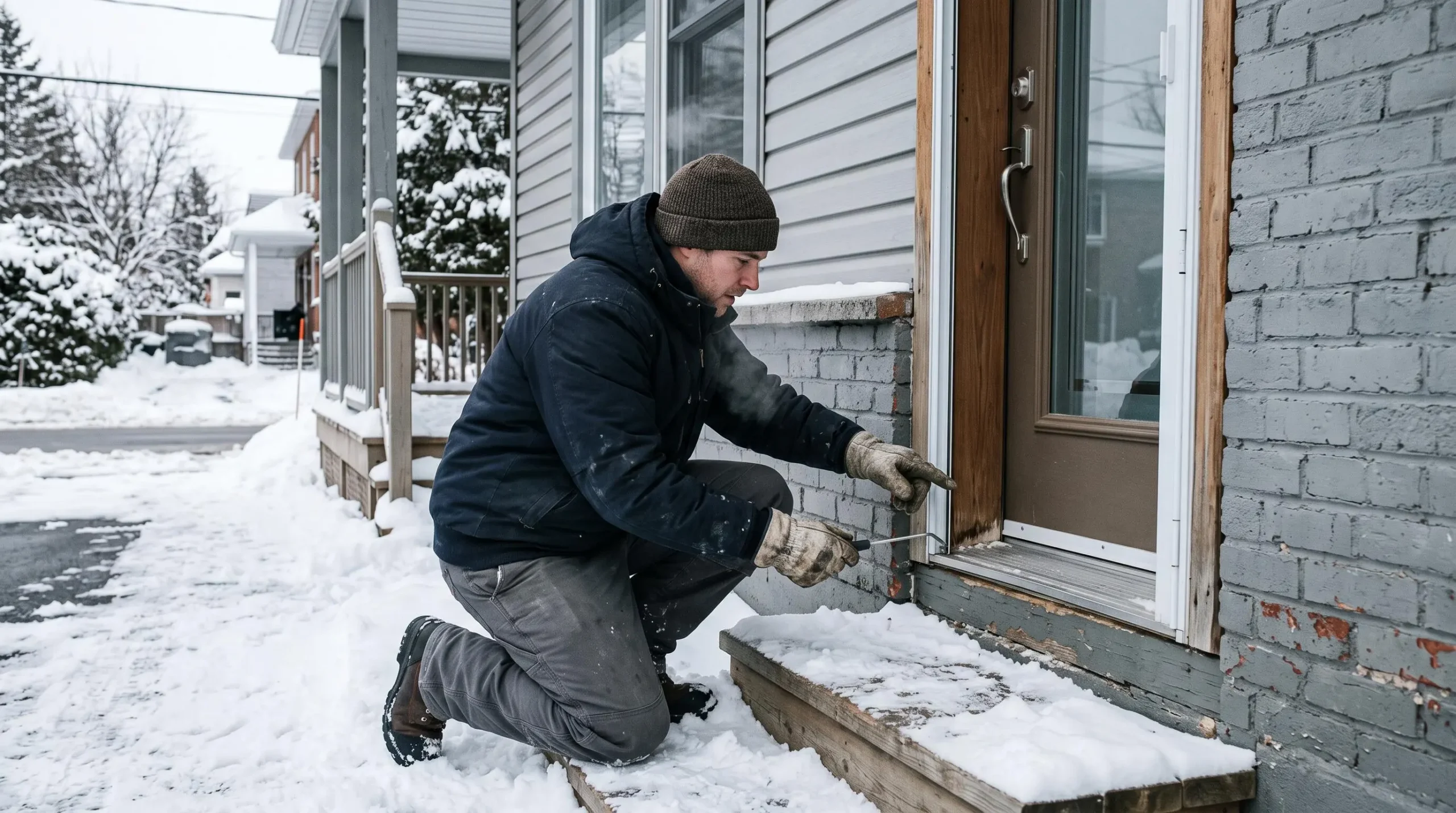 Professionnel du calfeutrage accroupi inspectant le cadre d'une porte d'entrée résidentielle en hiver avec neige au sol